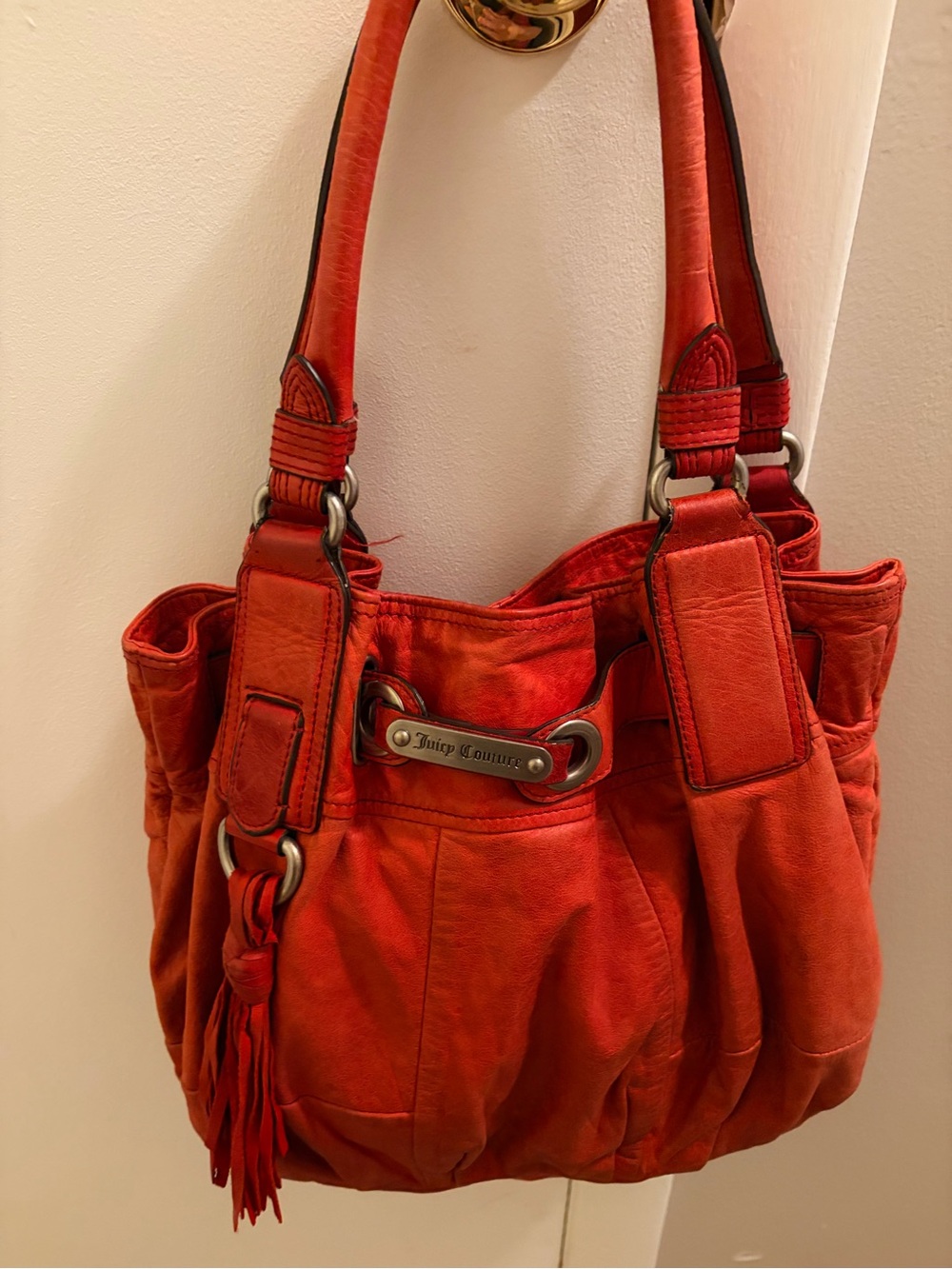 Vintage Y2K Juicy Couture Red Leather Hobo Satchel Handbag Slouchy Tassel Bag